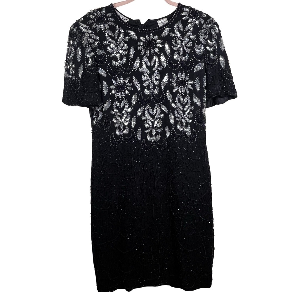 Night‎ Vogue Vintage 80s 100% Silk Beaded Sequin Cocktail Dress L Black Silver